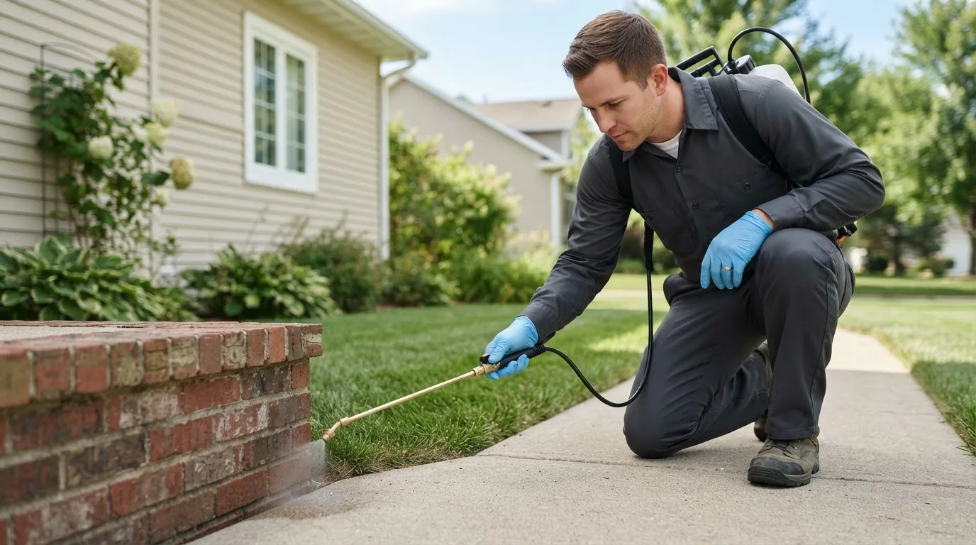 Pest control technician treating a home near Hershey, NE