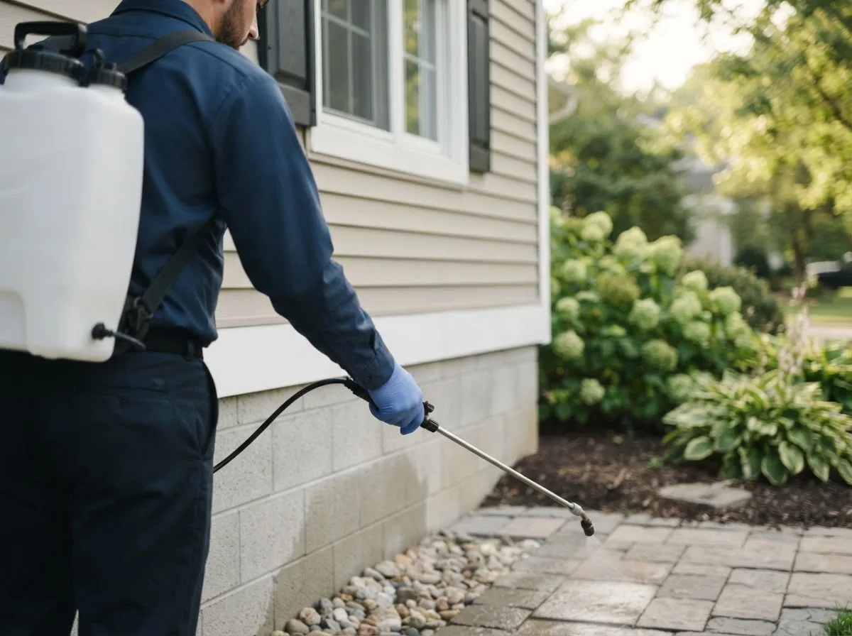Pest control technician inspecting a home in Hershey, NE